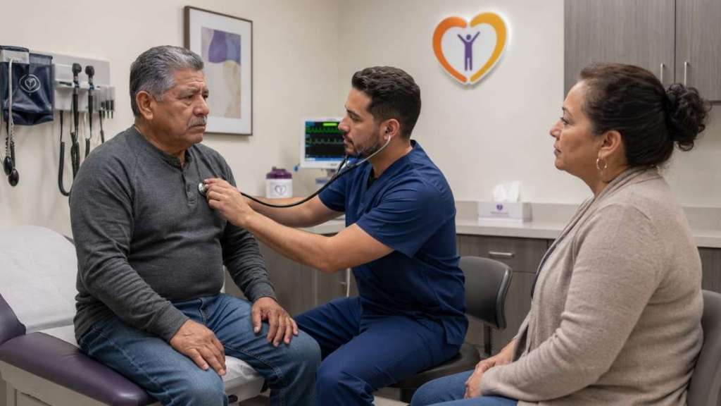 Doctor using a stethoscope on an older male patient with family present