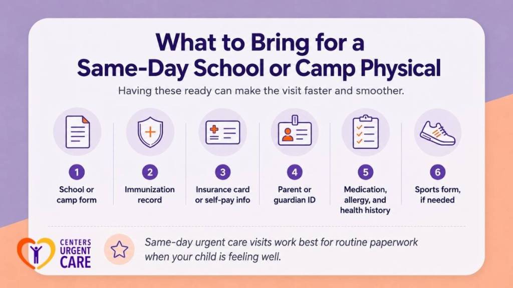 Infographic listing six items to bring for a same-day school or camp physical