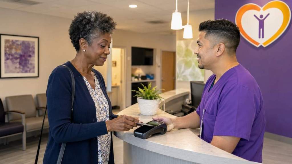 Patient paying at the front desk of an urgent care clinic