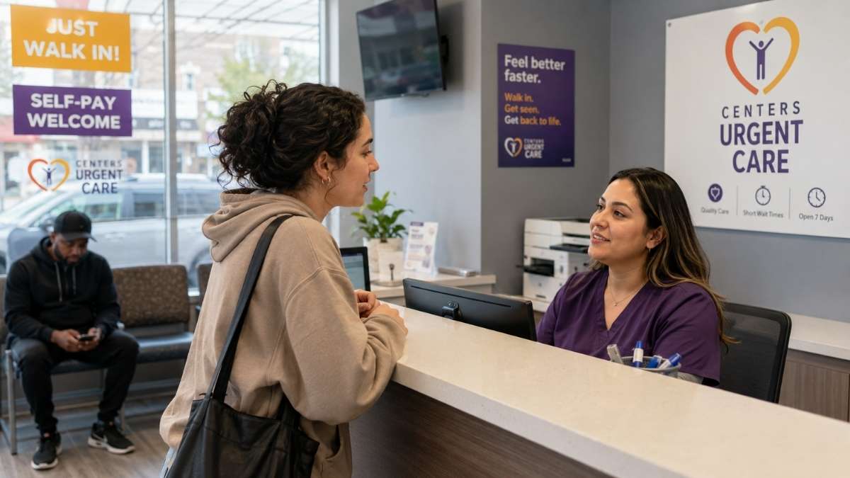 Patient speaking with receptionist at urgent care no insurance Brooklyn NY