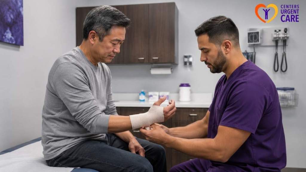 Provider wrapping a patient's wrist injury in an urgent care exam room