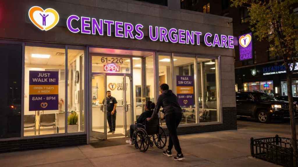 Staff welcoming wheelchair patient at after hours urgent care in Brooklyn NY