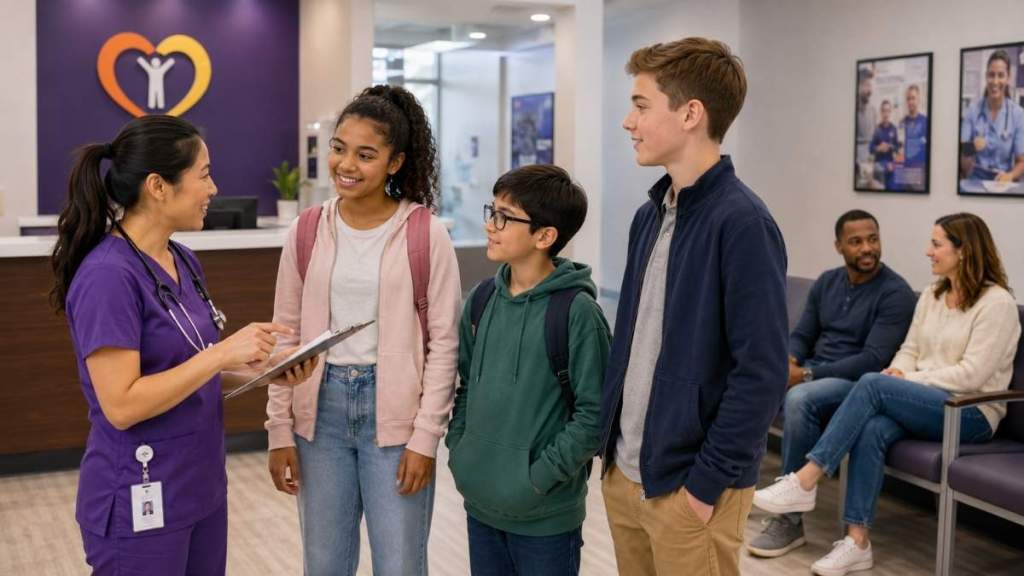 Three students with backpacks checking in at an urgent care clinic