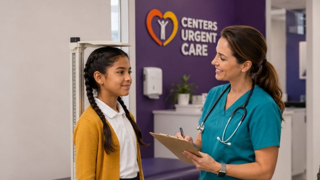 Young girl standing at a height measurement scale during a checkup