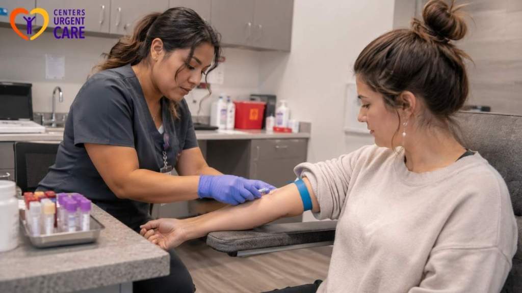 clinician-drawing-blood-from-female-patient-at-urgent-care-clinic