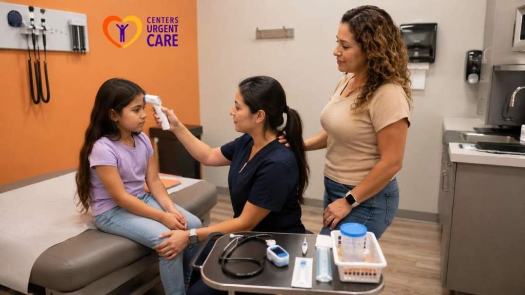 clinician-taking-girls-temperature-while-mother-stands-nearby