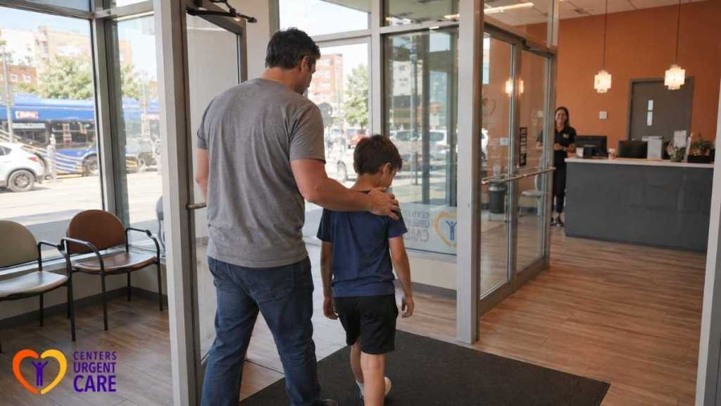 father-and-son-walking-into-urgent-care-clinic-entrance
