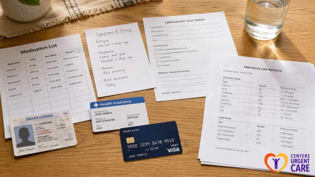 lab-test-documents-insurance-card-id-and-medication-list-on-table