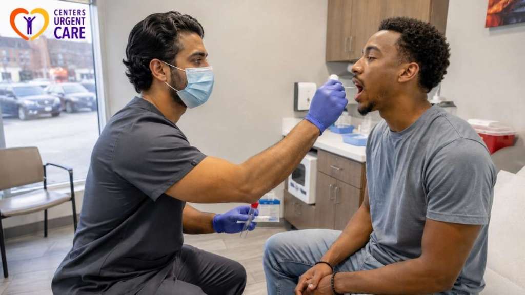 masked-clinician-performing-throat-swab-on-male-patient-at-clinic