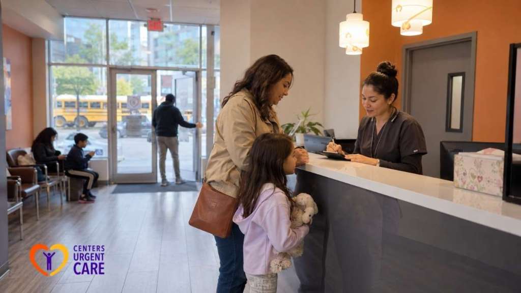 mom-and-daughter-checking-in-at-urgent-care-brooklyn-front-desk