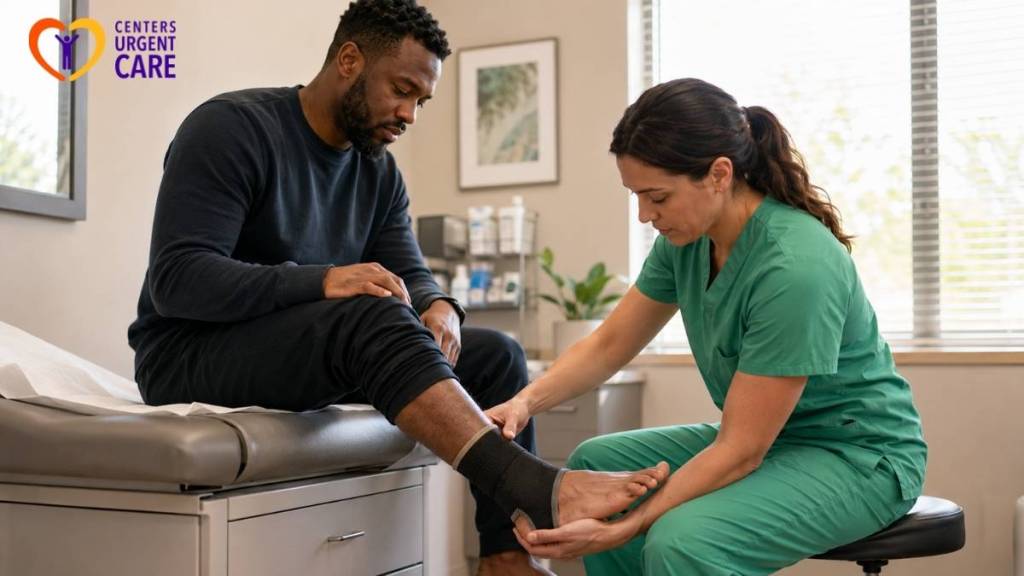 provider-examining-patients-ankle-brace-in-exam-room