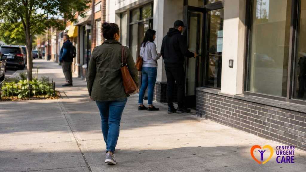 small-line-forming-outside-clinic-entrance-on-sidewalk
