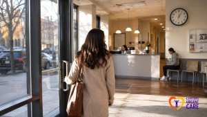 woman-entering-weekend-urgent-care-brooklyn-clinic-lobby
