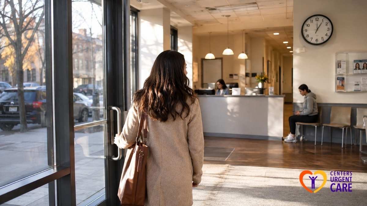 woman-entering-weekend-urgent-care-brooklyn-clinic-lobby